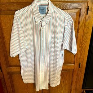 L.L.Bean short sleeved shirt 100% cotton white with red and blue stripes